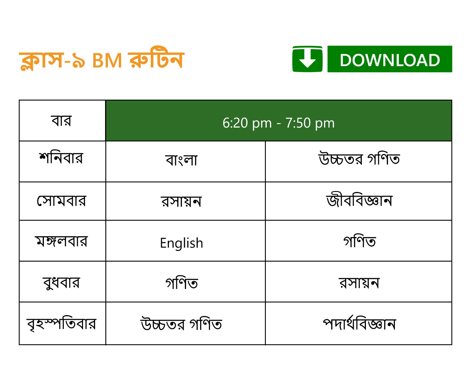 ৯ম শ্রেণি - বাংলা মিডিয়াম (বিজ্ঞান বিভাগ)