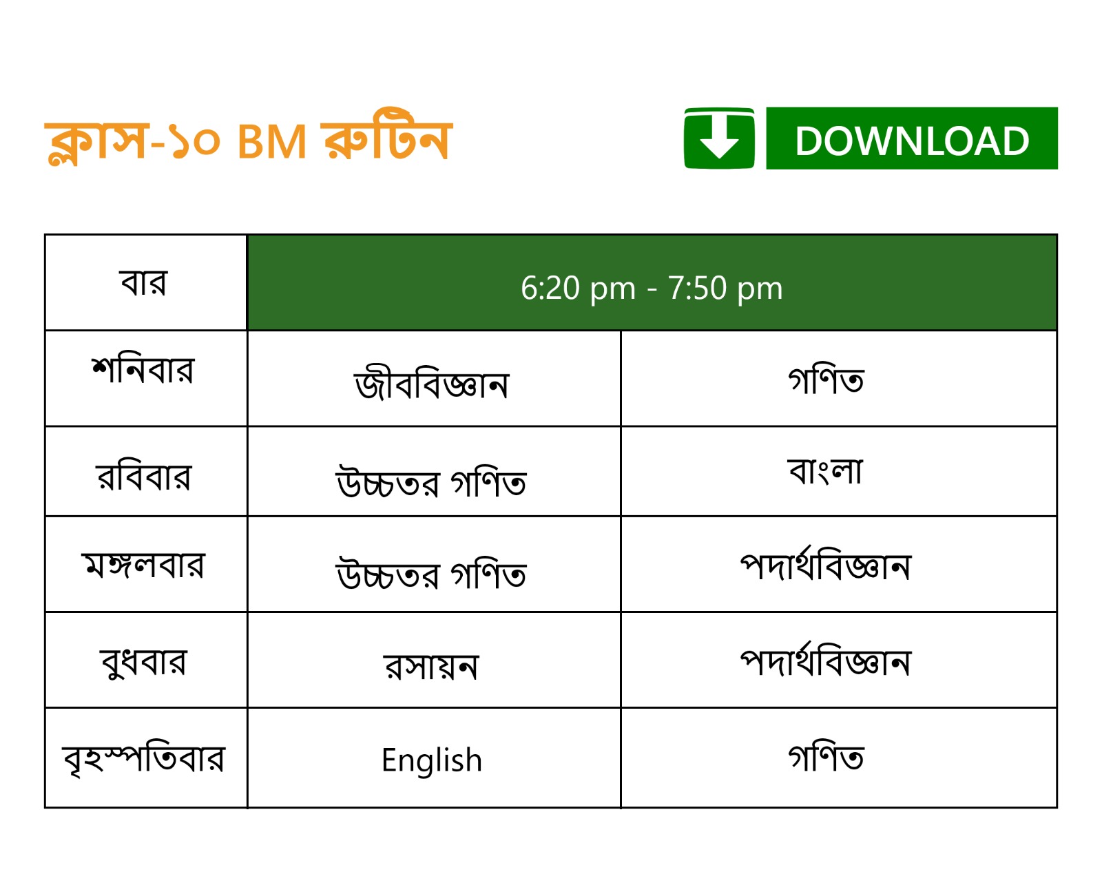 ১০ম শ্রেণি - বাংলা মিডিয়াম (বিজ্ঞান বিভাগ)